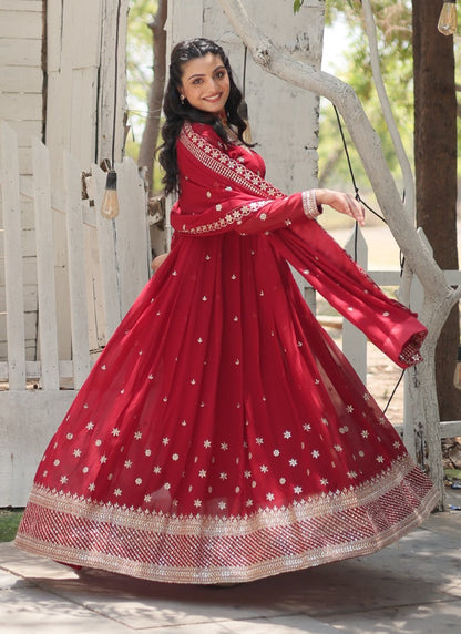 Red Georgette Anarkali Suit With Thread and Sequins Work