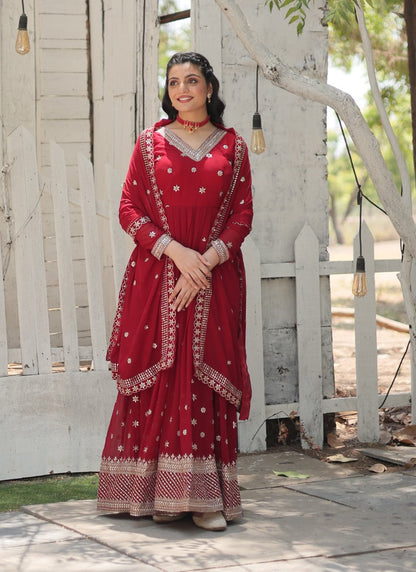 Red Georgette Anarkali Suit With Thread and Sequins Work