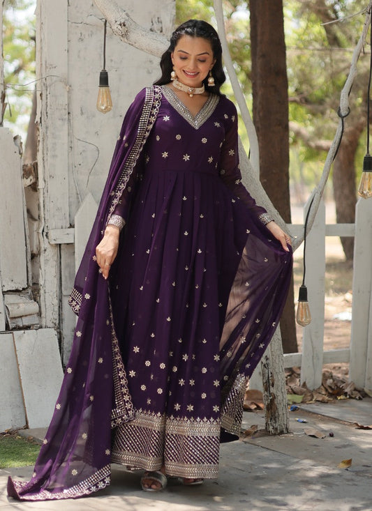 Purple Georgette Anarkali Suit With Thread and Sequins Work