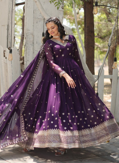 Purple Georgette Anarkali Suit With Thread and Sequins Work