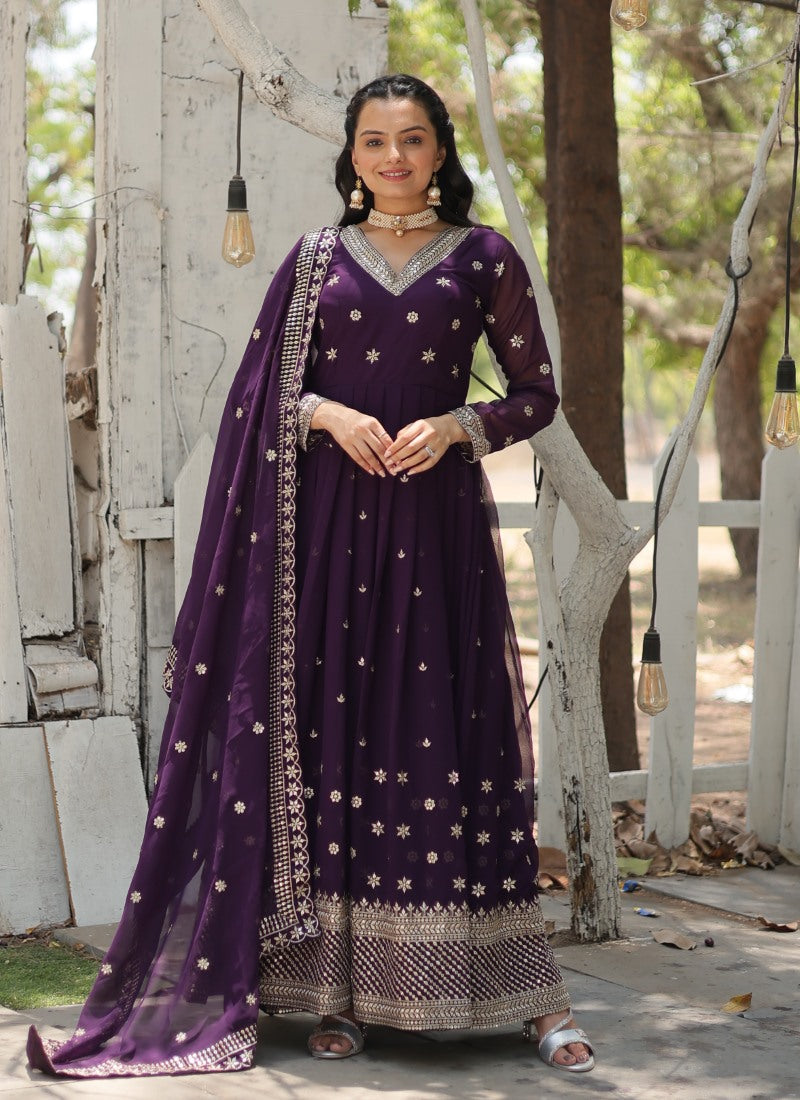 Purple Georgette Anarkali Suit With Thread and Sequins Work