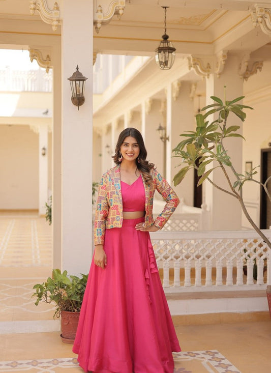 Pink Chinon Crop Top Lehenga Choli With Jacket