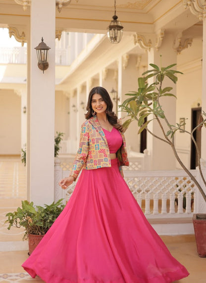 Pink Chinon Crop Top Lehenga Choli With Jacket