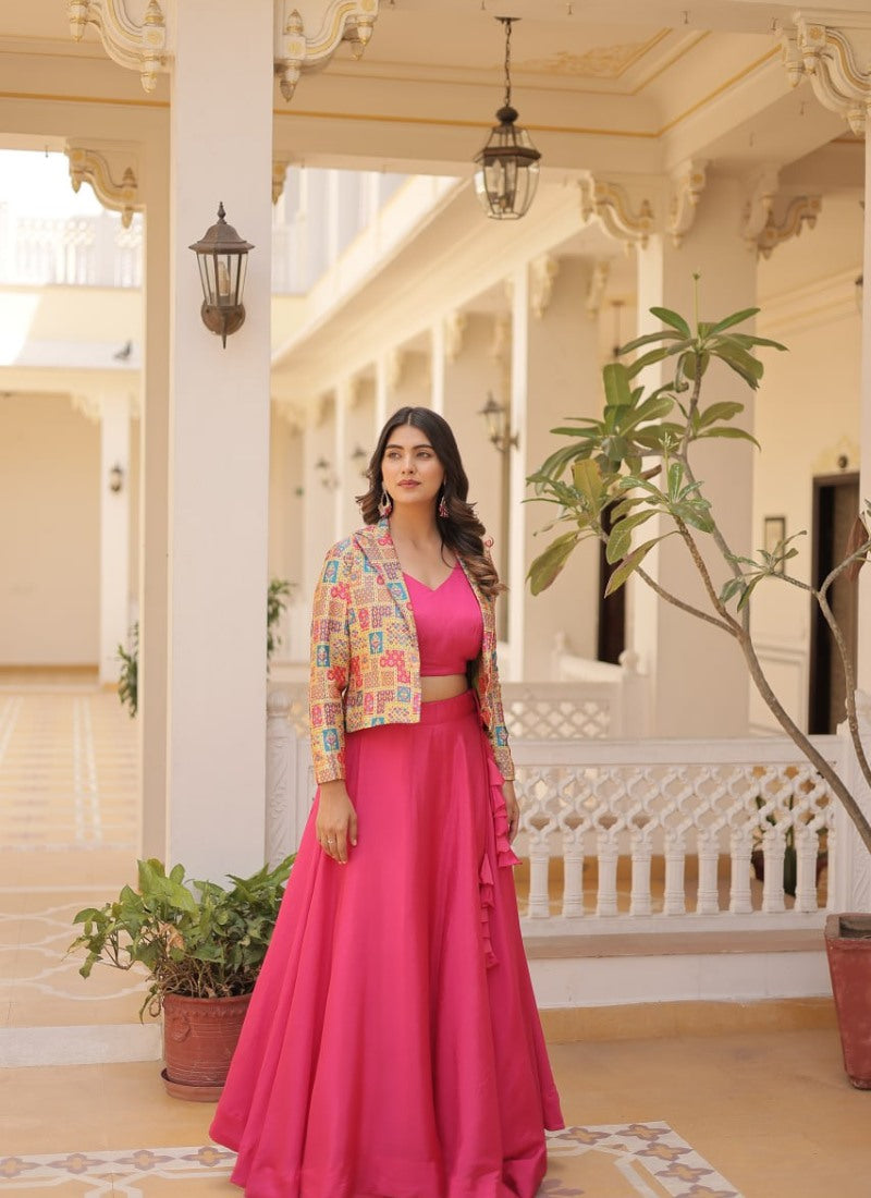 Pink Chinon Crop Top Lehenga Choli With Jacket