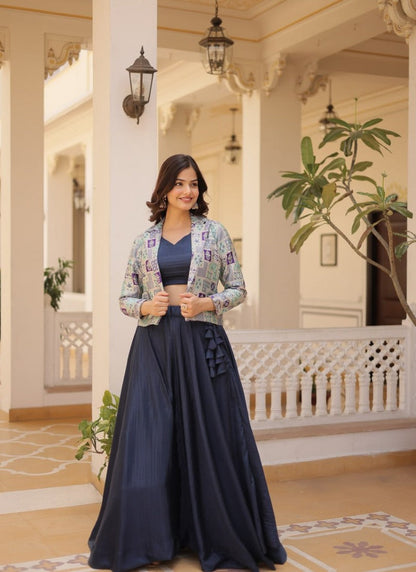 Blue Chinon Crop Top Lehenga Choli With Jacket