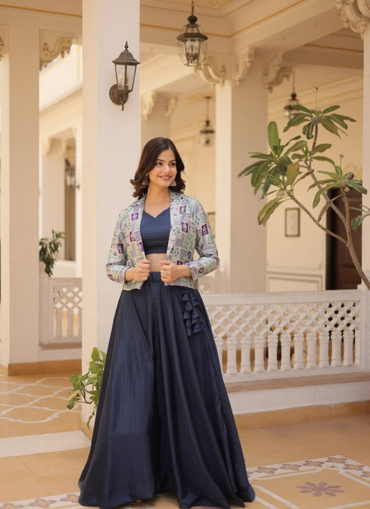 Blue Chinon Crop Top Lehenga Choli With Jacket