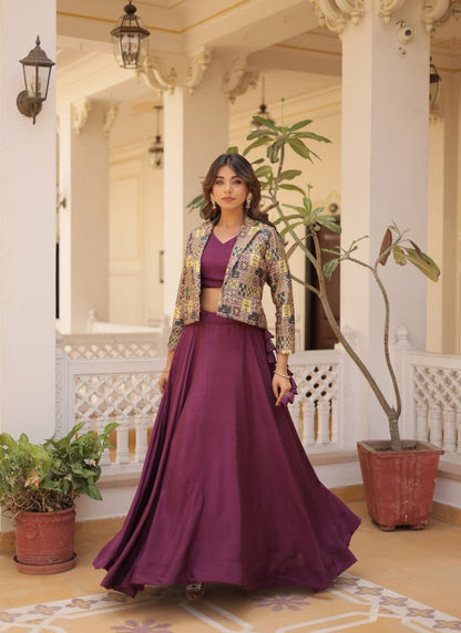 Wine Chinon Crop Top Lehenga Choli With Jacket