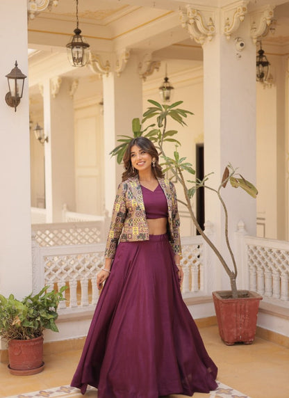 Wine Chinon Crop Top Lehenga Choli With Jacket