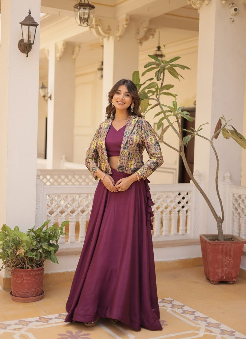 Wine Chinon Crop Top Lehenga Choli With Jacket