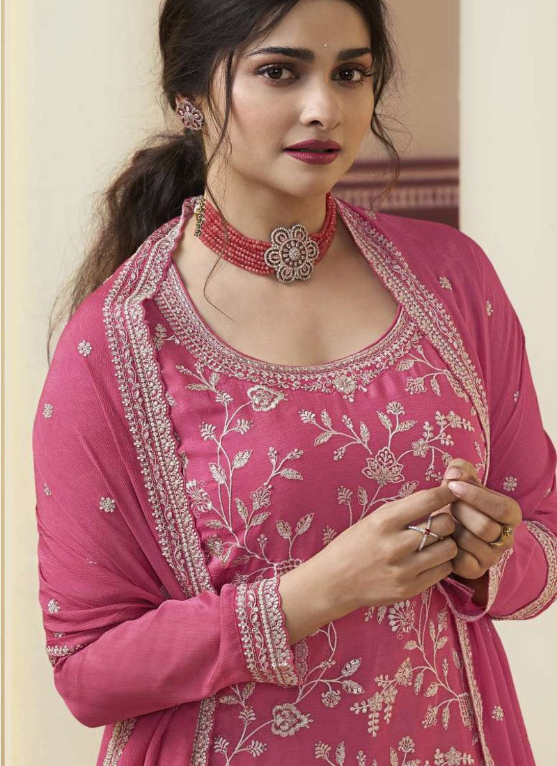 Pink Palazzo Salwar Suit With Embroidery, Moti Work and Sequins Work