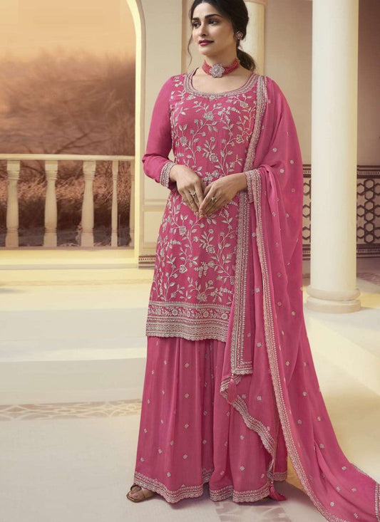 Pink Palazzo Salwar Suit With Embroidery, Moti Work and Sequins Work