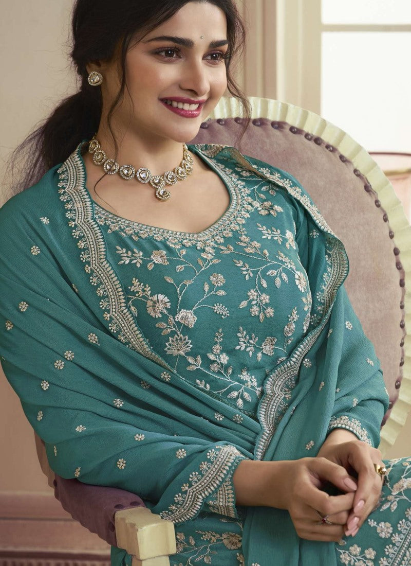 Sea Green Palazzo Salwar Suit With Embroidery, Moti Work and Sequins Work