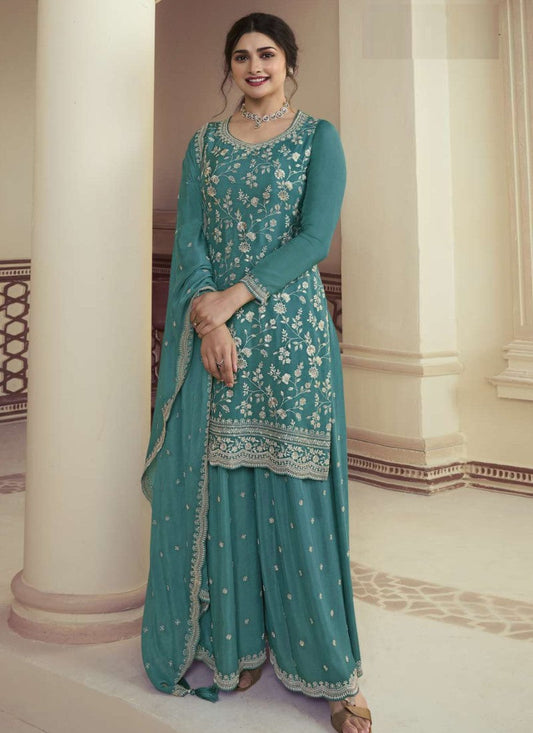 Sea Green Palazzo Salwar Suit With Embroidery, Moti Work and Sequins Work