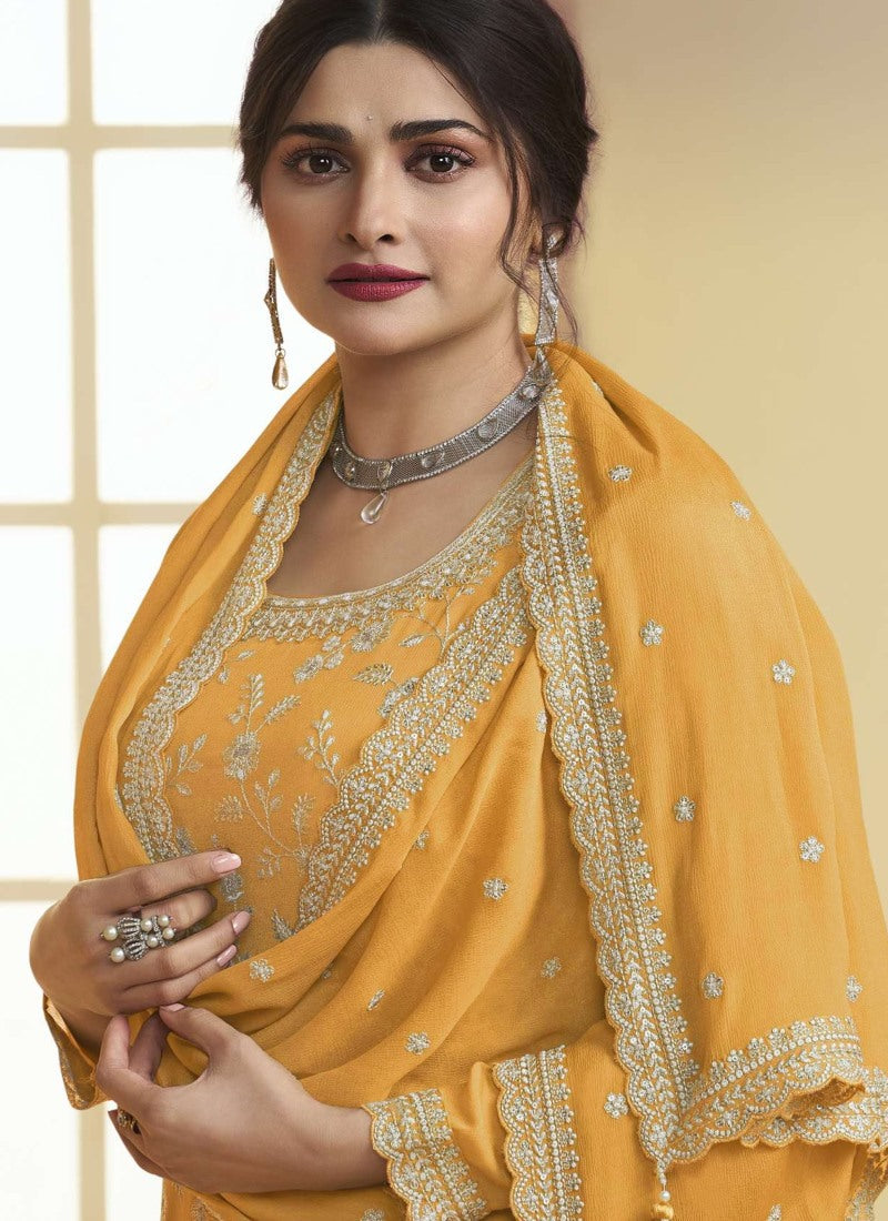 Yellow Palazzo Salwar Suit With Embroidery, Moti Work and Sequins Work