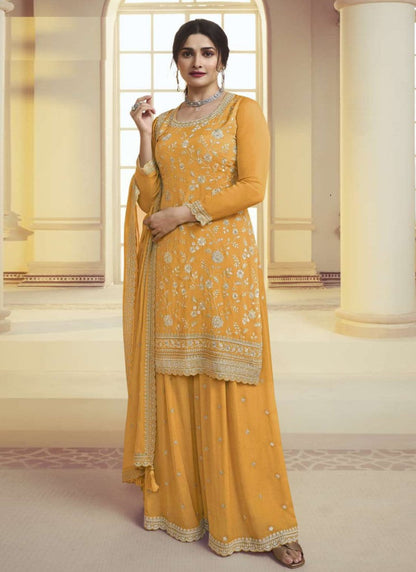 Yellow Palazzo Salwar Suit With Embroidery, Moti Work and Sequins Work