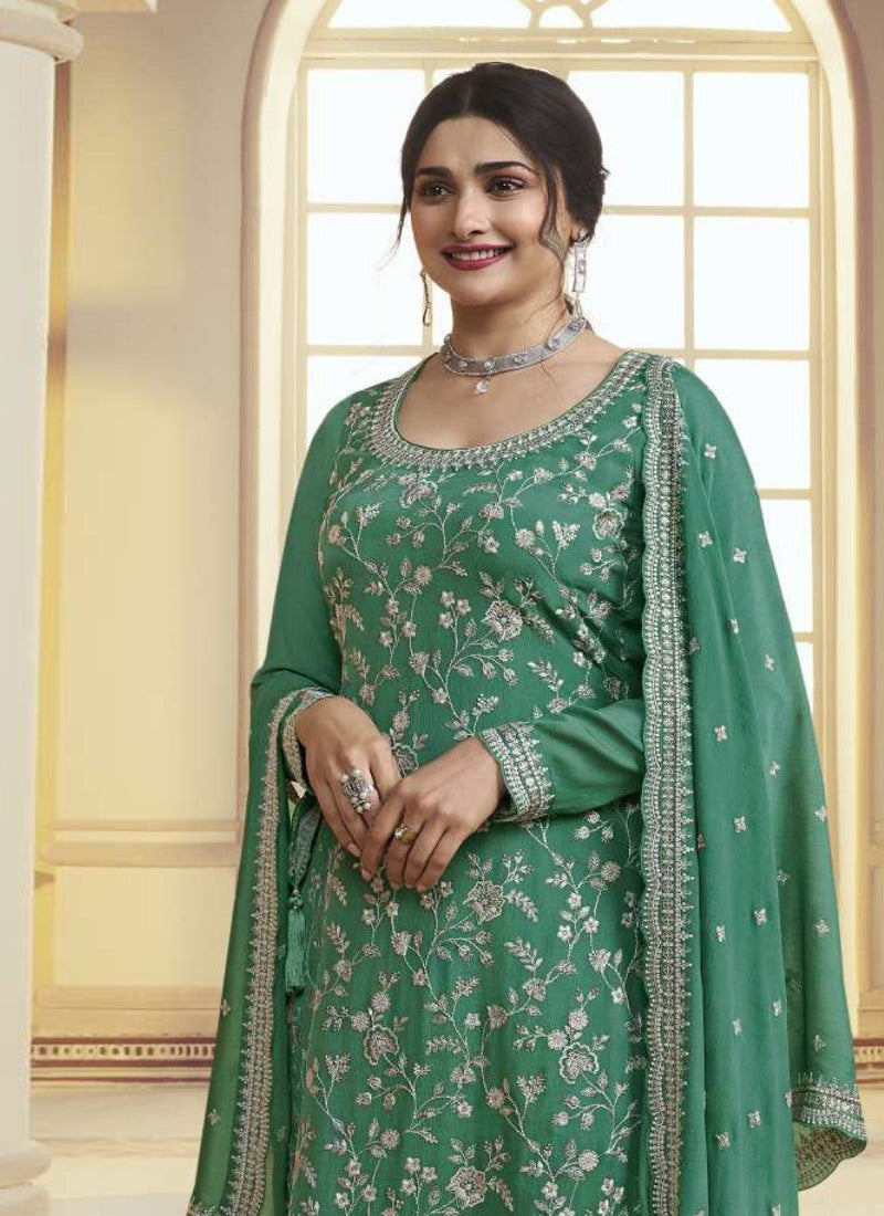 Green Palazzo Salwar Suit With Embroidery, Moti Work and Sequins Work