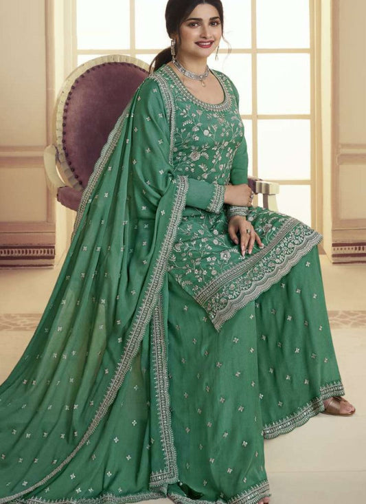 Green Palazzo Salwar Suit With Embroidery, Moti Work and Sequins Work