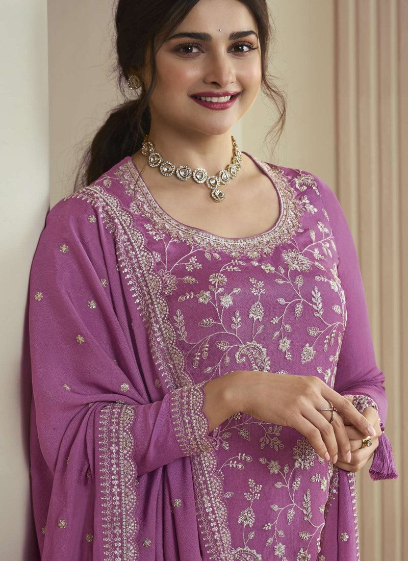 Purple Palazzo Salwar Suit With Embroidery, Moti Work and Sequins Work