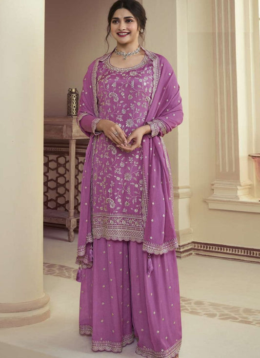 Purple Palazzo Salwar Suit With Embroidery, Moti Work and Sequins Work