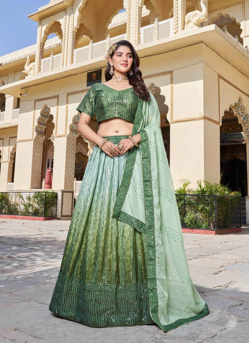 Green Party Wear Lehenga Choli With Embroidery Work