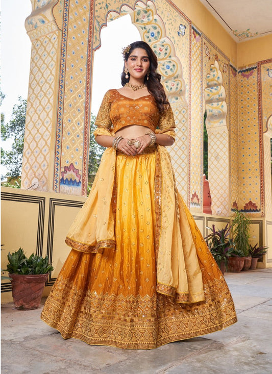 Yellow Party Wear Lehenga Choli With Embroidery Work