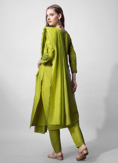 Pista Green Cotton Pant Style Salwar Suit With Emboridery Work