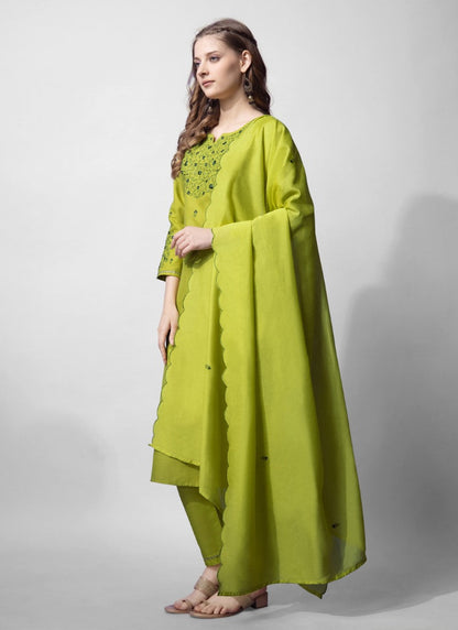 Pista Green Cotton Pant Style Salwar Suit With Emboridery Work