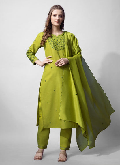 Pista Green Cotton Pant Style Salwar Suit With Emboridery Work