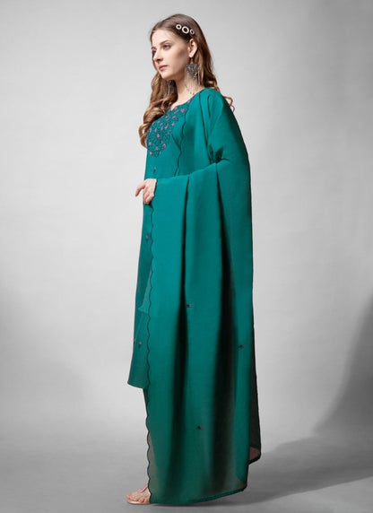 Green Cotton Pant Style Salwar Suit With Emboridery Work