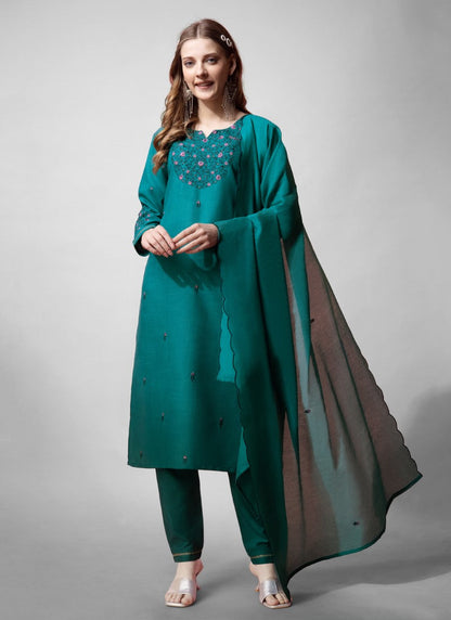 Green Cotton Pant Style Salwar Suit With Emboridery Work