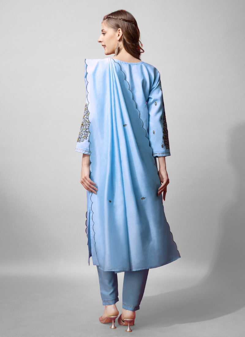 Sky Blue Cotton Pant Style Salwar Suit With Emboridery Work