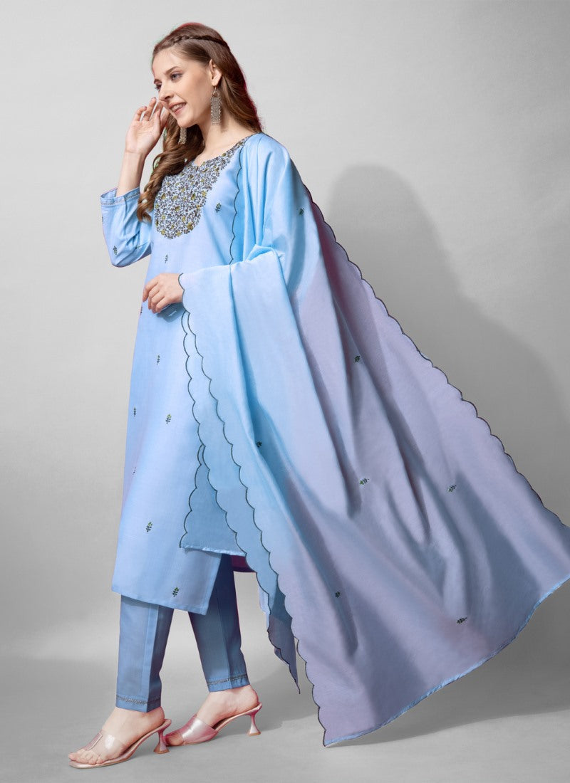 Sky Blue Cotton Pant Style Salwar Suit With Emboridery Work