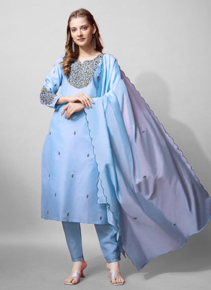 Sky Blue Cotton Pant Style Salwar Suit With Emboridery Work