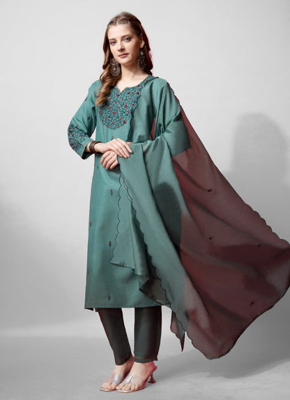 Green Cotton Pant Style Salwar Suit With Emboridery Work