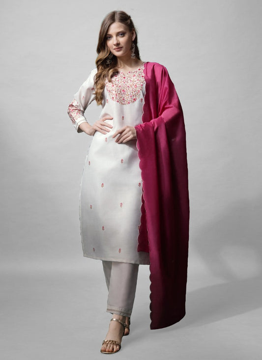 White Cotton Pant Style Salwar Suit With Emboridery Work