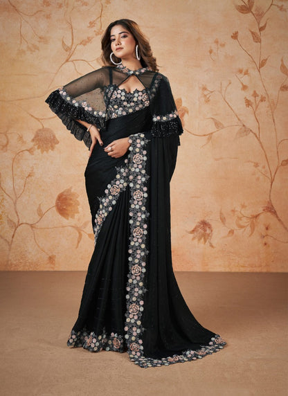 Black Party Wear Heavy Border Saree With Embroidery and Sequins Work