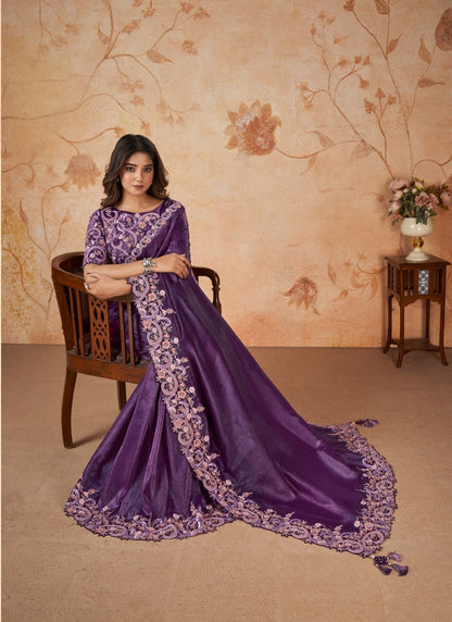 Purple Party Wear Heavy Border Saree With Embroidery and Sequins Work