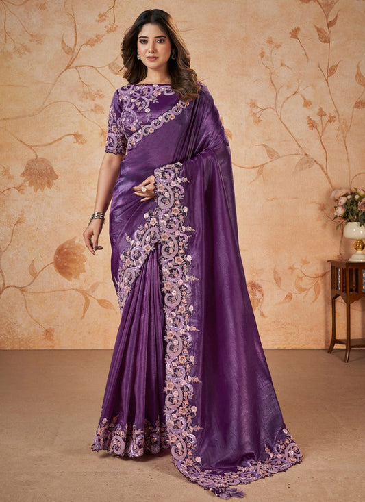 Purple Party Wear Heavy Border Saree With Embroidery and Sequins Work