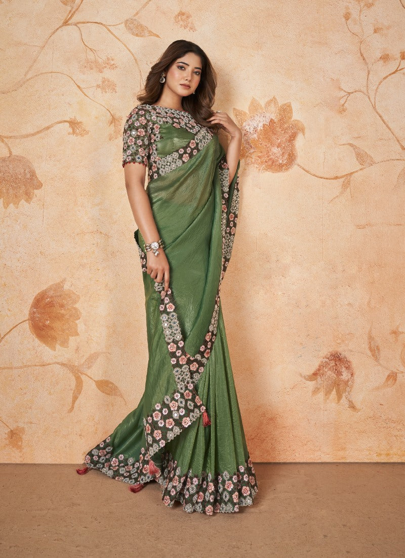 Green Party Wear Heavy Border Saree With Embroidery and Sequins Work