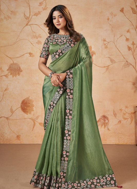 Green Party Wear Heavy Border Saree With Embroidery and Sequins Work