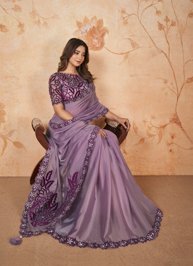 Purple Party Wear Heavy Border Saree With Embroidery and Sequins Work