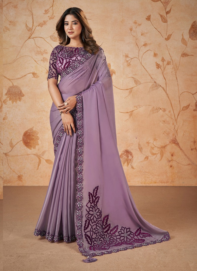 Purple Party Wear Heavy Border Saree With Embroidery and Sequins Work