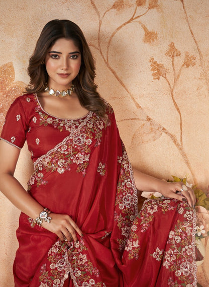 Red Party Wear Heavy Border Saree With Embroidery and Sequins Work