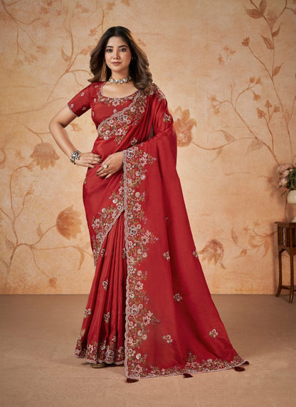 Red Party Wear Heavy Border Saree With Embroidery and Sequins Work