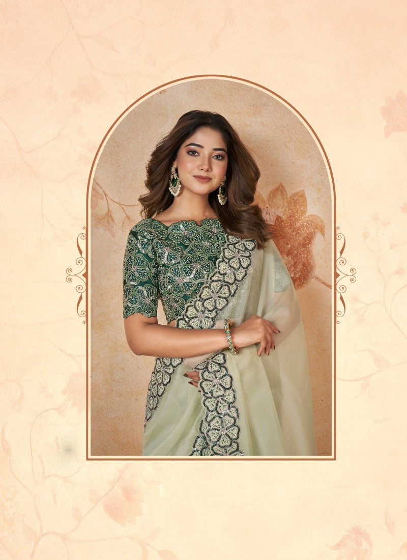 Light Green Party Wear Heavy Border Saree With Embroidery and Sequins Work