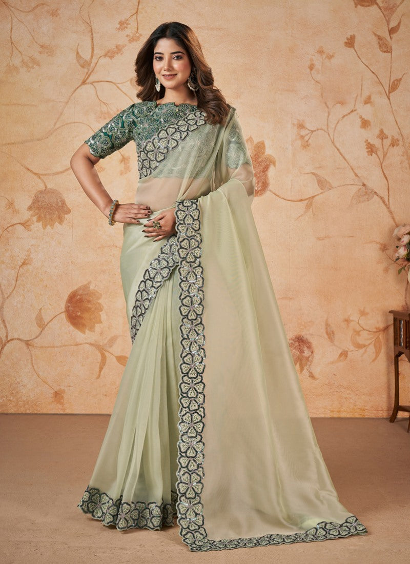 Light Green Party Wear Heavy Border Saree With Embroidery and Sequins Work