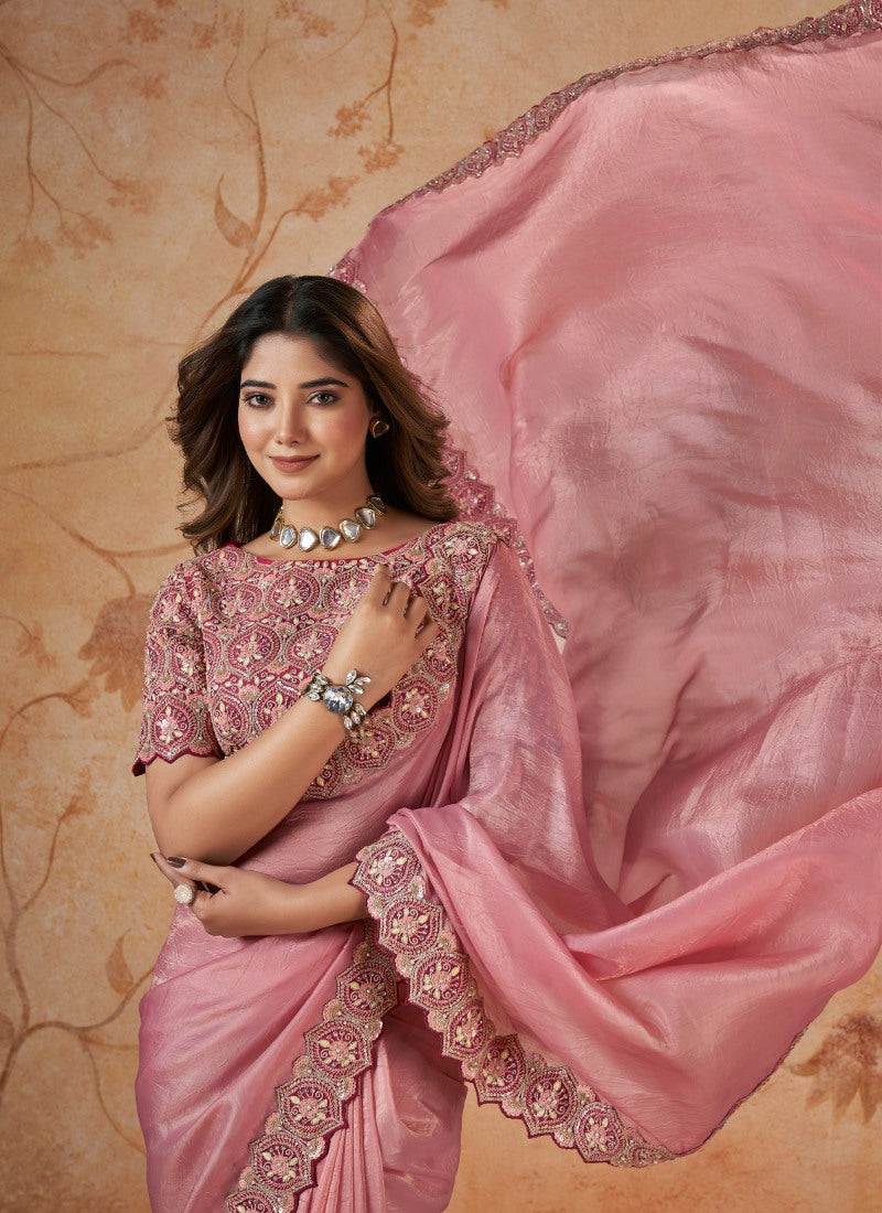 Pink Party Wear Heavy Border Saree With Embroidery and Sequins Work