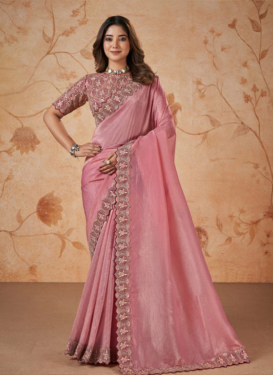 Pink Party Wear Heavy Border Saree With Embroidery and Sequins Work