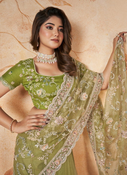 Green Party Wear Heavy Border Saree With Embroidery and Sequins Work