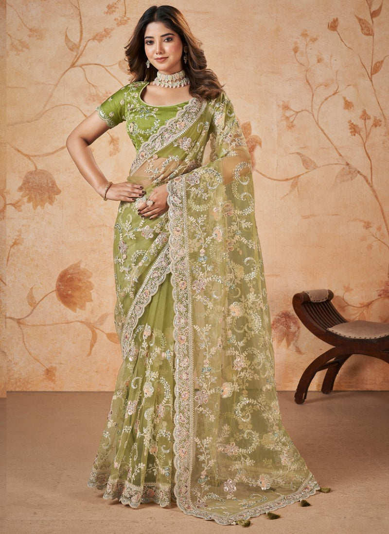 Green Party Wear Heavy Border Saree With Embroidery and Sequins Work